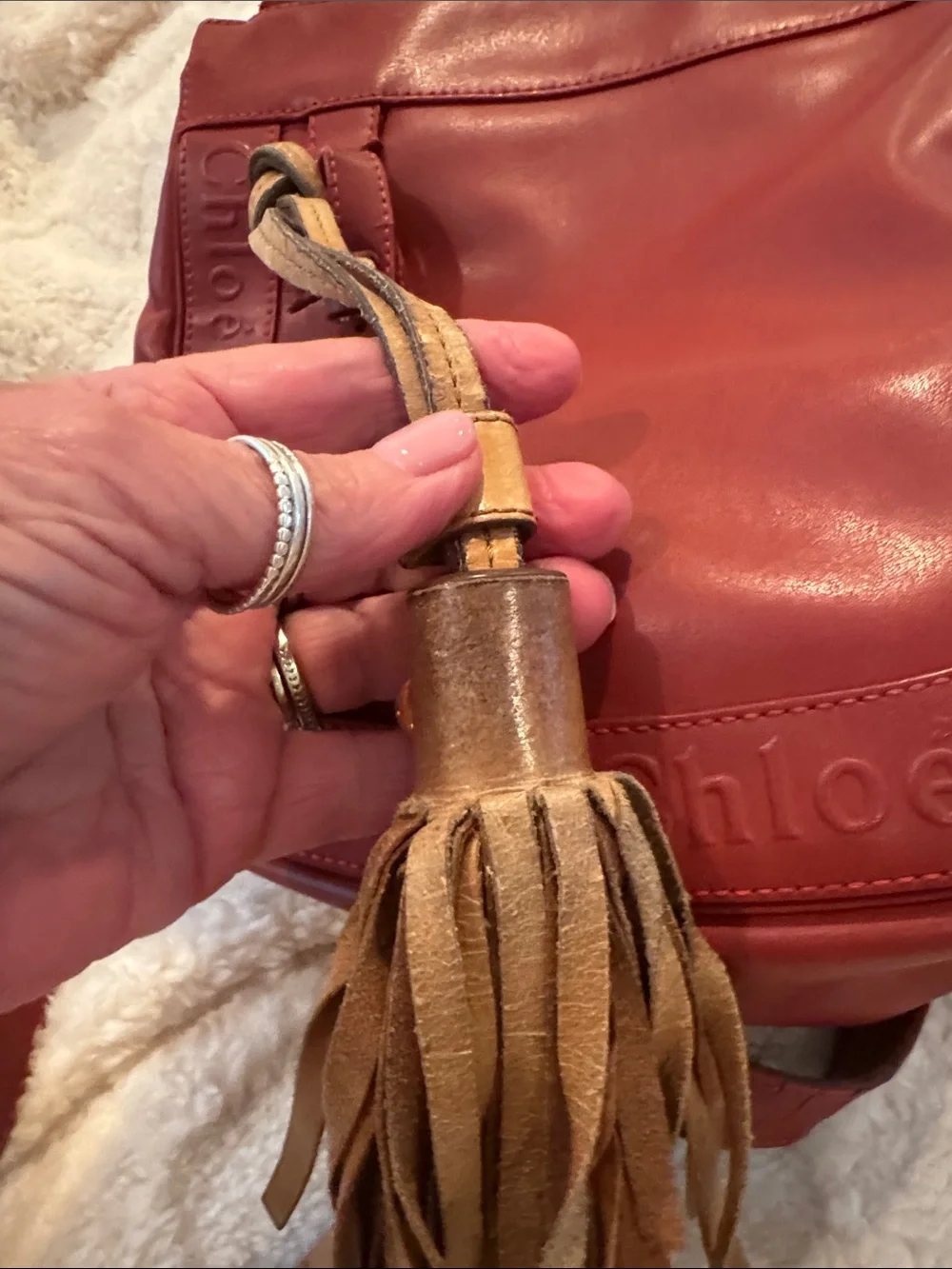 Chloe Red Leather Hobo with Logo Tag and tassel